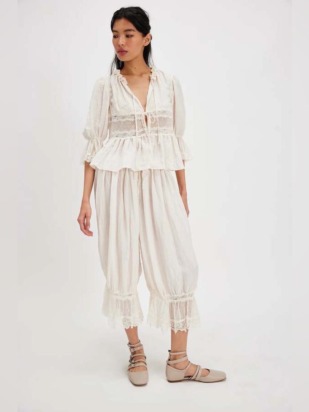 Intimately Free People Ivory Lace Ruffle Two-Piece Set